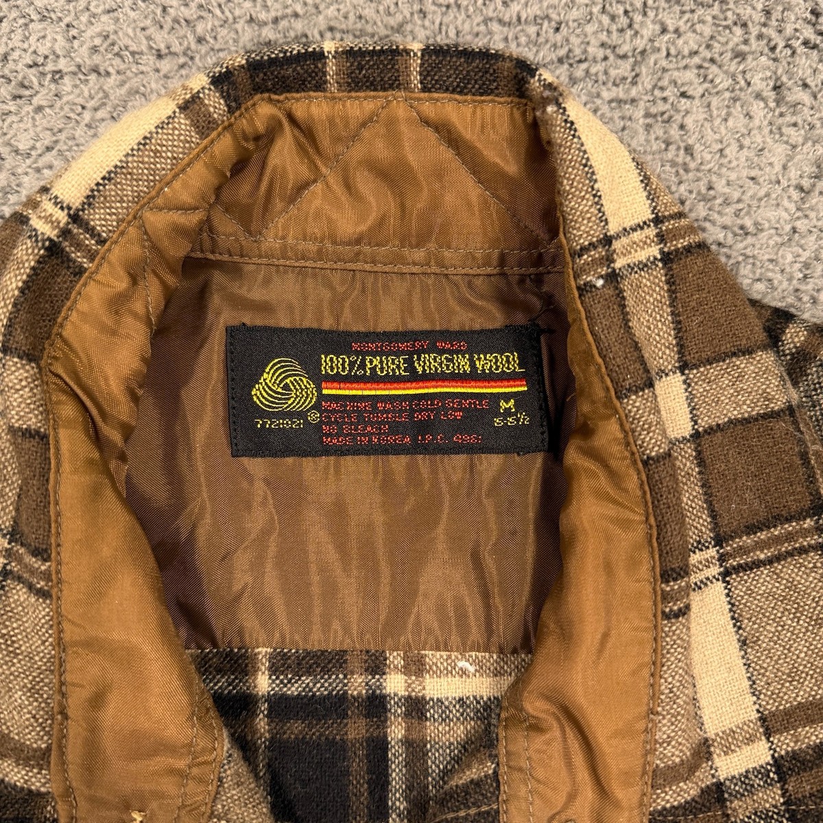 Vintage Montgomery Ward Shirt Mens Medium Brown Plaid Wool Flannel