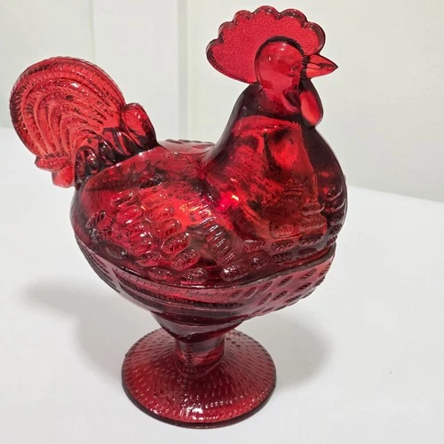 Dark Red Glass Rooster Covered Dish Standing Chicken Retro Depression Style