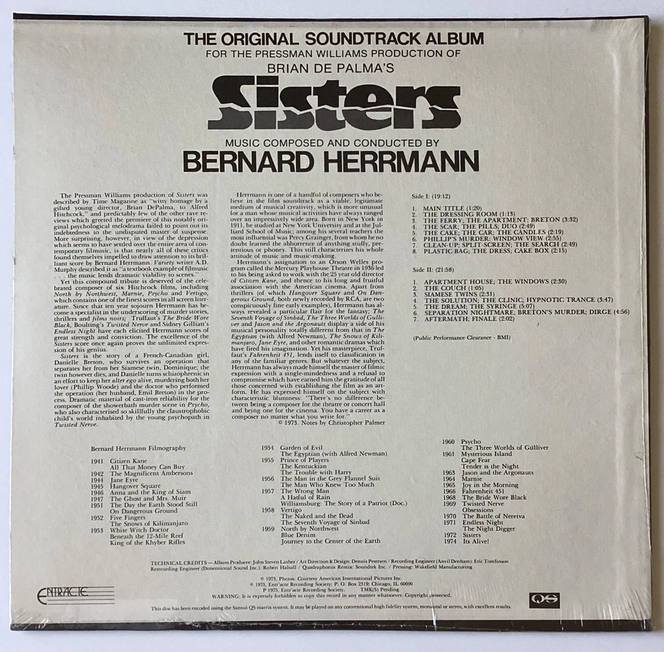 SISTERS ~ Bernard Herrmann *SEALED* Orig 1975 RARE Soundtrack HORROR QUAD LP NEW - Image 2 of 4