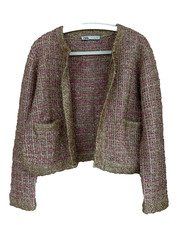 ZARA Party Tinsel Pink/Gold Tone Tweed Blazer Jacket