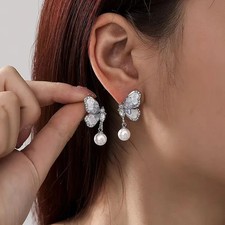 Cubic Zirconia Butterfly Pearl Pendant Earrings Fashion Accessories For Women