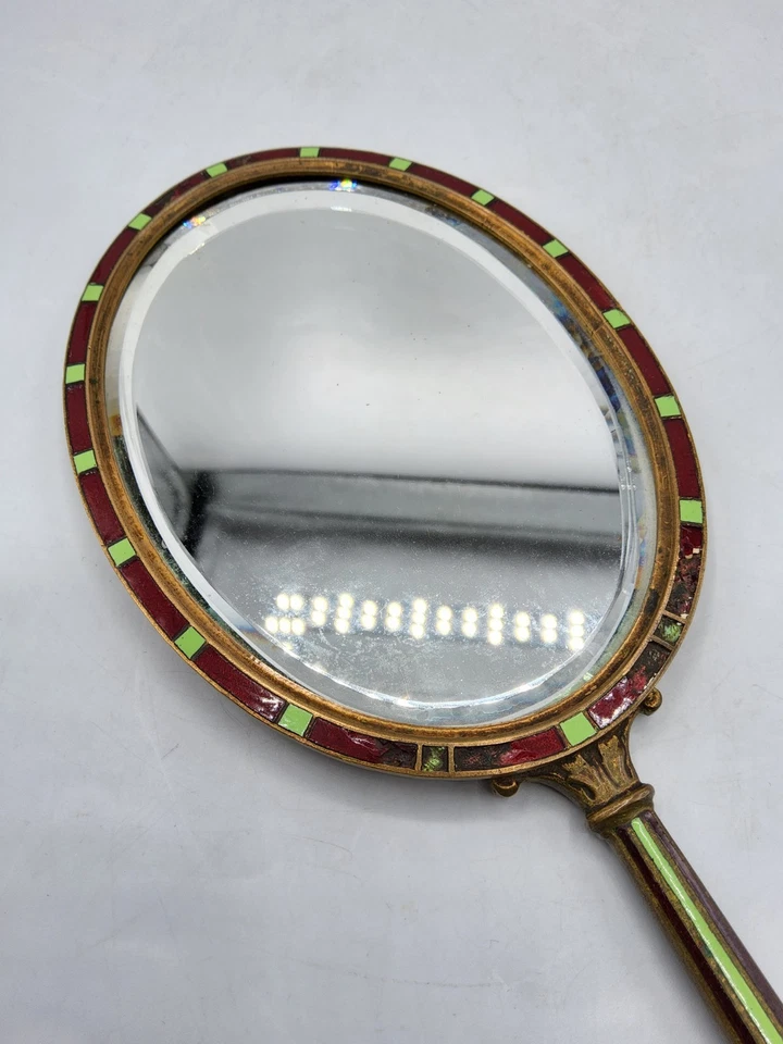 Miroir biseauté face à main en bronze patiné et émaux cloisonnés XIXème - Photo 4/4