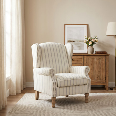 Vintage Striped Accent Chair Wingback Armchair Solid Wood Legs for Living Room