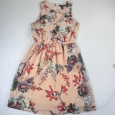 Forever 21 Peach Floral Sleeveless Fit and Flare Dress Small Pleated Neck