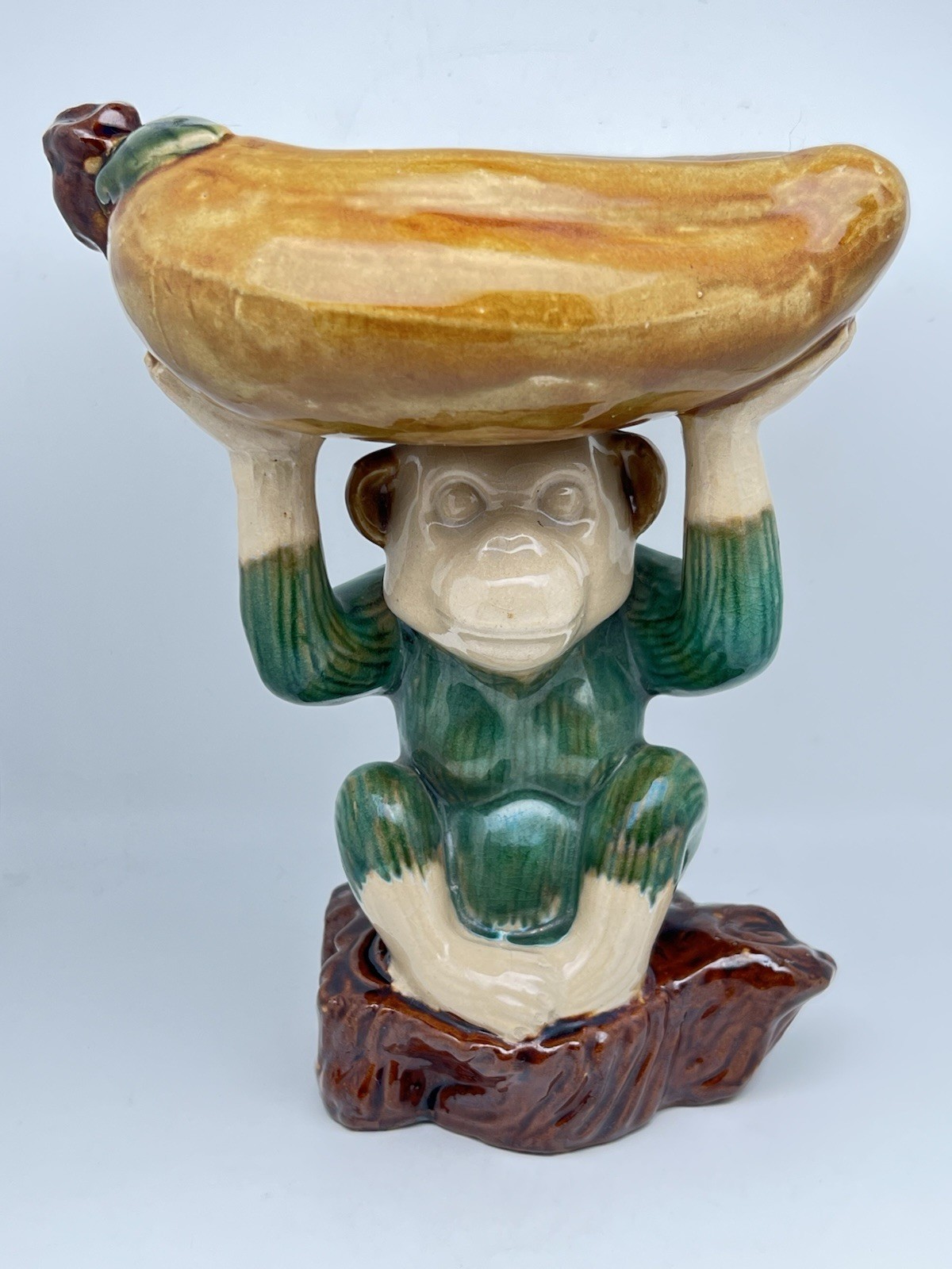 Vintage Majolica Style Ceramic Monkey Holding Dish Bowl Planter 9.5” Tall