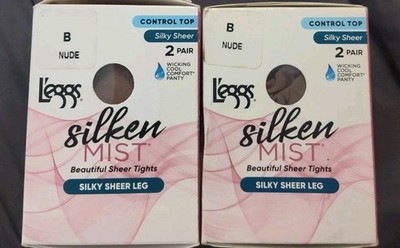 4 PAIR L'EGGS SILKEN MIST SILKY SHEER LEG CONTROL TOP SHEER TOE TIGHTS SZ B NUDE