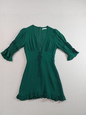 Reformation Women Dress 8 Emerald Green Ruffle Tie Front Mini V Neck Zip Closure