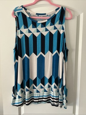 Croft & Barrow Blue White Geometric Print Sleeveless Tunic Top Women Size 1X