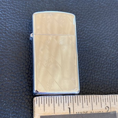 Vtg Zippo Slim High Polish Chrome 1986 H II Diagonal Art Deco Lines 2 Sides EUC