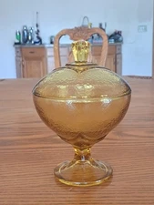 Amber Covered Pedestal Textured Glass Vintage Square Handled Candy Dishes