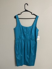 Calvin Klein Cocktail Midi Sleeveless Shift Dress Teal Blue Size 12 Faux Pockets