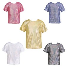 Girls Boys Costume Sparkly Top Metallic T-shirt Jazz Tee Modern Shirts Kids