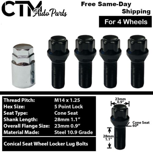 4x BMW Mini Black 14x1.25 Wheel Lock Lug Bolt 28mm Shank + Key Fit F-Body/G-Body - Picture 1 of 6