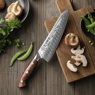 Damastmesser, Chefmesser (Granton Edge), Küchenmesser, Hezhen, Micarta Griff