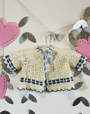 Vintage Hand-Knitted Infant Beige  Blue Trim Ribbon Matinee Jacket