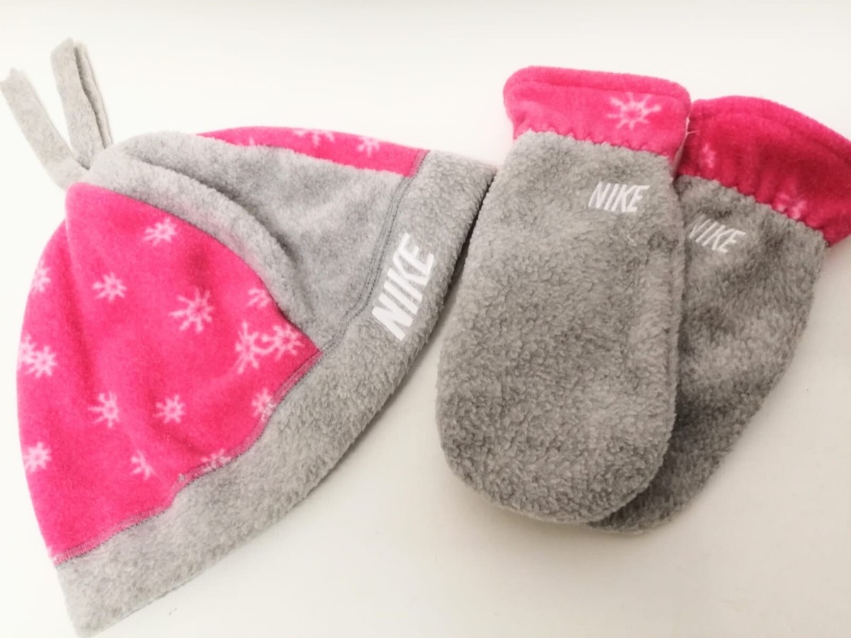NIKE PIECE HAT Gloves SET Gray Pink Fleece GIRLS BABY TODDLER