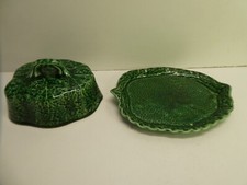 ANTIQUE SHORTER & SONS MAJOLICA POTTERY CHEESE DISH DOME EMBOSSED LEAF PATTERN