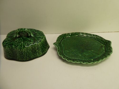 ANTIQUE SHORTER & SONS MAJOLICA POTTERY CHEESE DISH DOME EMBOSSED LEAF PATTERN - Bild 1 von 15