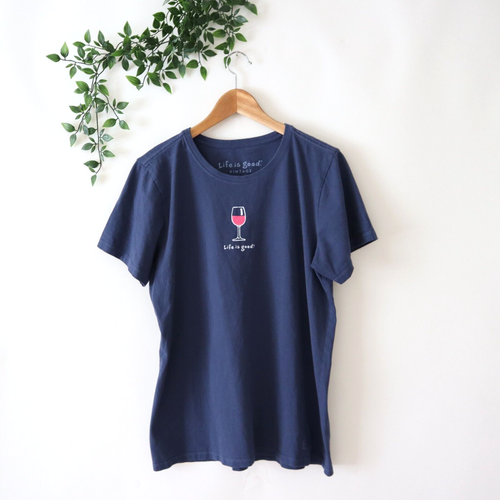 Life Is Good Vintage Women's Blue Wine Short Sleeve Crew Neck Shirt
