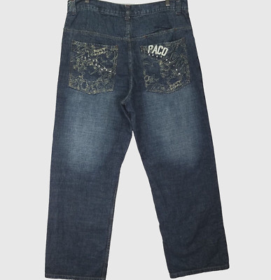 Vtg Paco Jeans 38 Baggy Blue Denim Y2K Hip Hop Rhinestone Embroidery Wide Leg 90