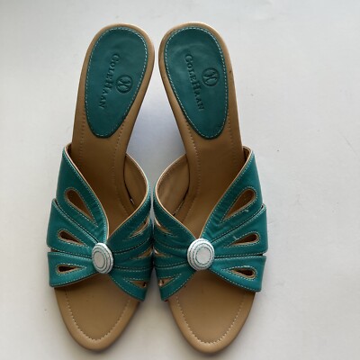 Cole Haan Sandals Womens 7.5AA Shoes Wedge Teagan Slide Teal Leather