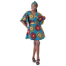 African Women's Short Sleeve Mini Wrap Dress -- FI-3099