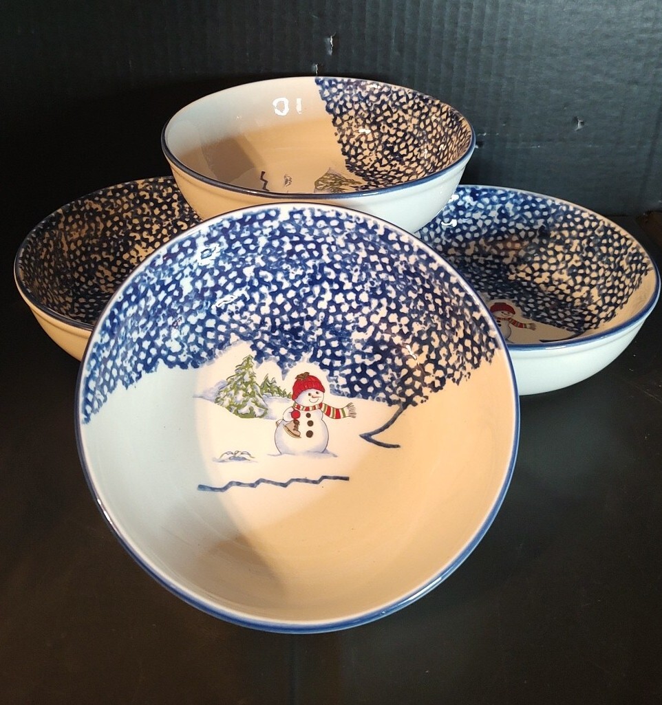 Soup Cereal Bowls Snowman by THOMSON Pottery Holidays 6 1/2" Set of 4