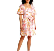 Eliza J Womens Dress Size 4 White Floral Print Puff Sleeve Cotton Eyelet