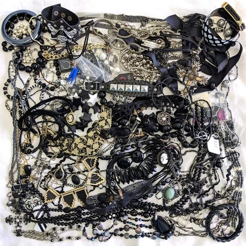 All Wearable Mixed Vintage to Modern 4.3lbs Goth Rock Black Costume Jewelry Lot