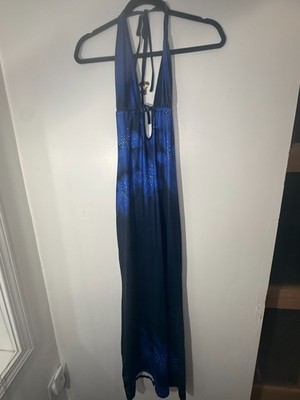 Blue Halter Maxi Dress Open Back Rhinestone Detail Evening Formal Gown
