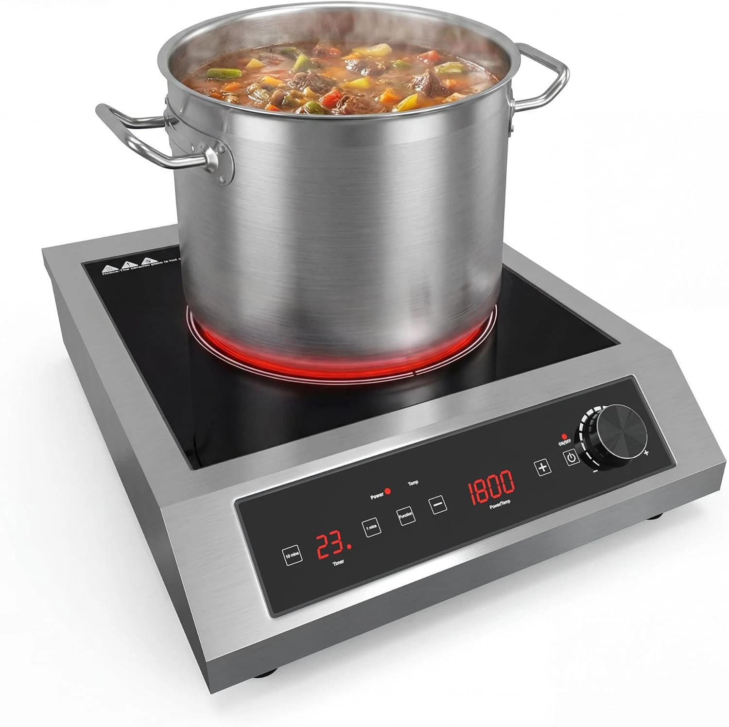 1800W Commercial Induction Cooktop with Timer & LED Screen, 10 Power/Temp Settin