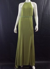 Olive Green Halter Maxi Dress Braided Waist Open Back High Slit Goddess Sz 8