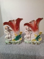 Vintage Bisque Cherb Vases From Japan  Bud Vases Approximately 8in Tall