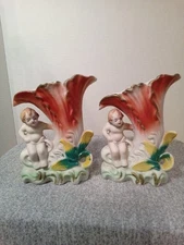 Vintage Bisque Cherb Vases From Japan  Bud Vases Approximately 8in Tall