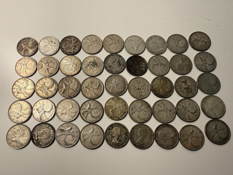 Lot Of 45 Canadian Silver 25 Cents Coins   FER