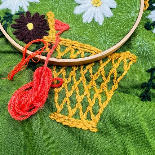 Vintage 70er Retro Blumenkorb Crewel Stickerei Kit angefangen Gänseblümchen Garn Reifen 15" - Bild 4 von 9