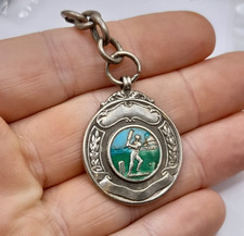 Old Vintage 1929 English FH Silver Enamel Cricket Watch Fob - Enamelled