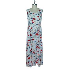 Vintage 90s Floral Rayon Maxi Dress White Red Poppy Cottagecore Romantic Sz 10
