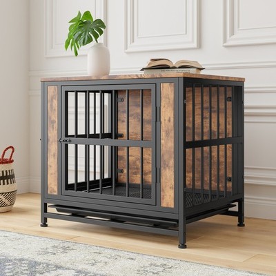 Wooden Dog Crate Table, Rustic Brown with Sliding Doors for Small Pets