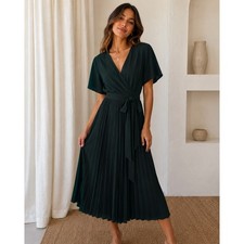 SHEIN Curve Dark Green Wrap Pleated Midi Dress Short Sleeve V-Neck 4XL Plus Size