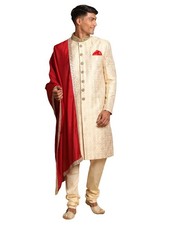 VASTRAMAY Men's Beige And Gold Silk Blend Sherwani Set VASMSW127BGnMVPGOnD001...