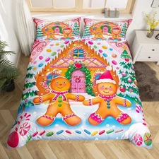 Pink Merry Christmas Bedding Set King Size Xmas Gingerbread Man Comforter Cov...