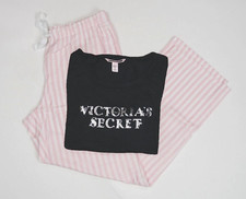 VICTORIA'S SECRET BLACK VS LONG SLEEVE  PINK STRIPED PANT PJ SET Sz XS Short