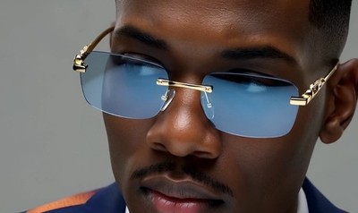 Luxury Gold Cougar Jewel Charm Rimless Rectangle Sunglasses Blue Sophisticated