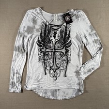 Affliction Top Women  s Small White Black Lace Up Cross Graphic Long Sleeve NWT