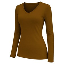 Womens V Neck Long Sleeve Plain T-Shirt Ladies Casual Basic Tee Top Slim Fit Top
