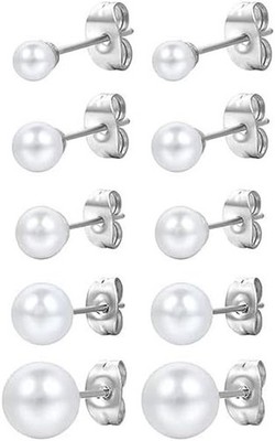 5 Paar Perlenohrringe Silber 925, Perlenohrringe, Weiße Perlenohrstecker, Damen 