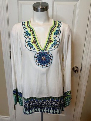 Hale Bob White Crepe Floral Beaded Tunic, Size XS