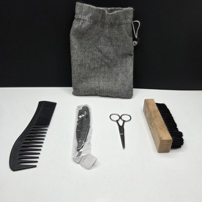 Beard Grooming Kit Straight Razor Scissors Brush Comb Set Silver Black