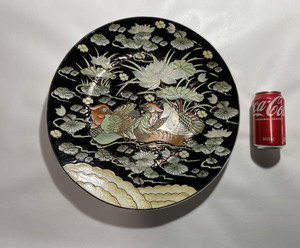Large Chinese porcelain plate with a pond and mandarin ducks design, 16.5”